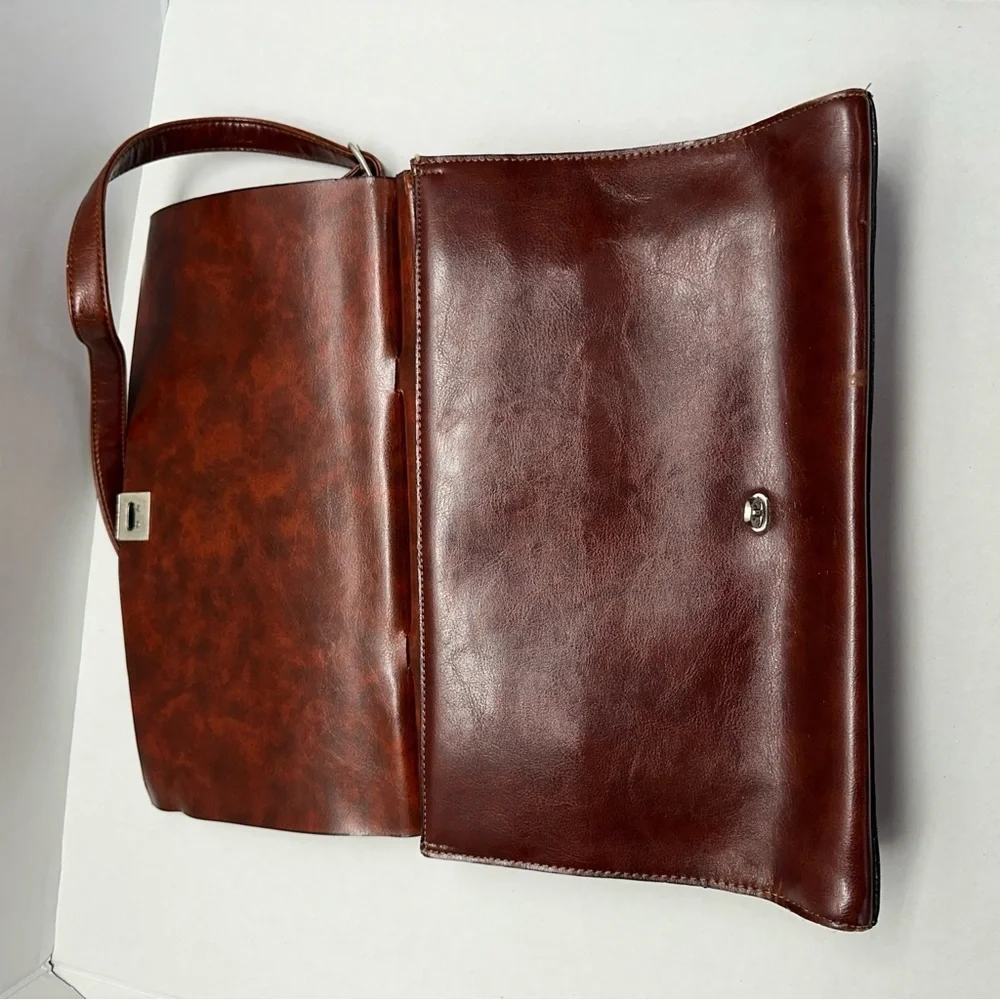 Vtg RinaRich Brown Leather Structured Satchel Handbag Top Handle Crossbody Purse